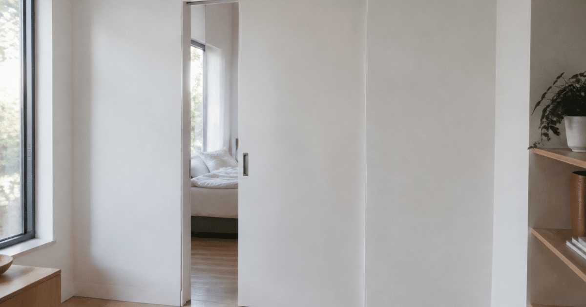 Cloison fine avec porte coulissante encastree dans mur blanc