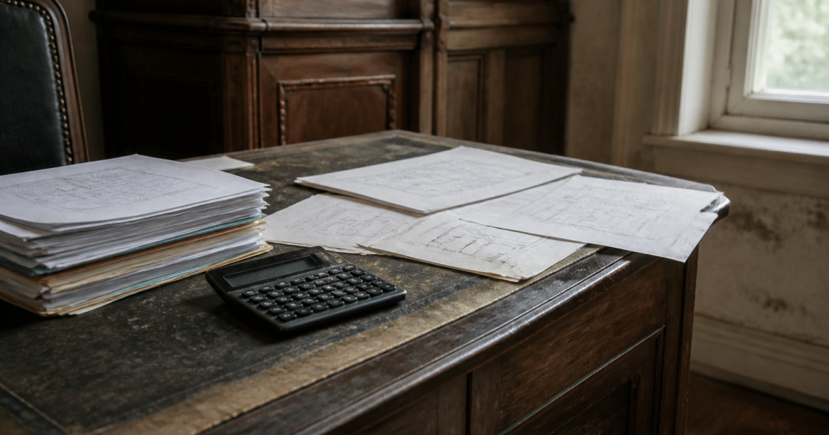 Documents papier et calculatrice posés sur bureau immobilier ancien