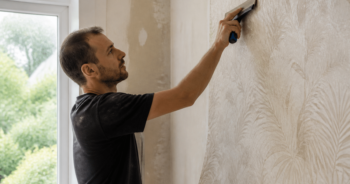 Ouvrier appliquant le papier peint sur mur avec raclette