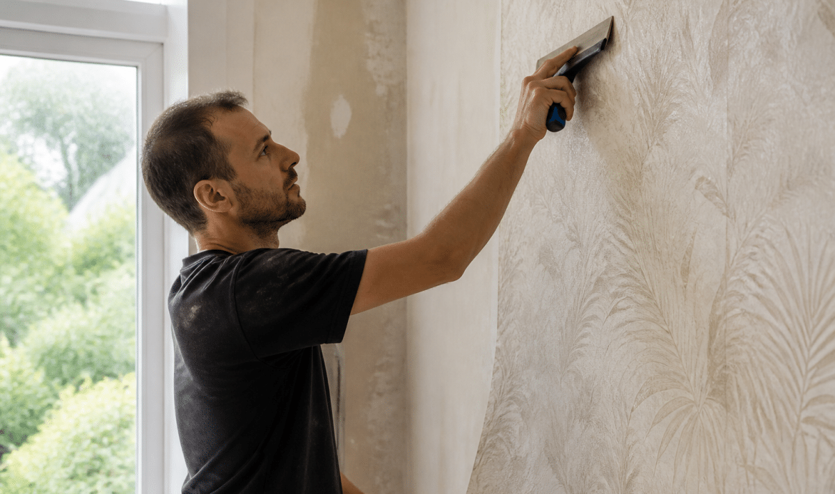 Ouvrier appliquant le papier peint sur mur avec raclette