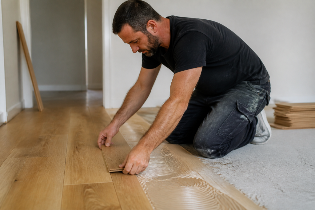 Ouvrier pose lames de parquet sur sol