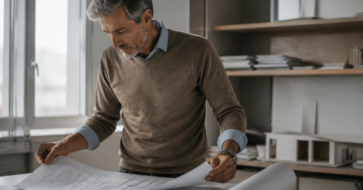 Architecte tenant plan maison sur table de travail
