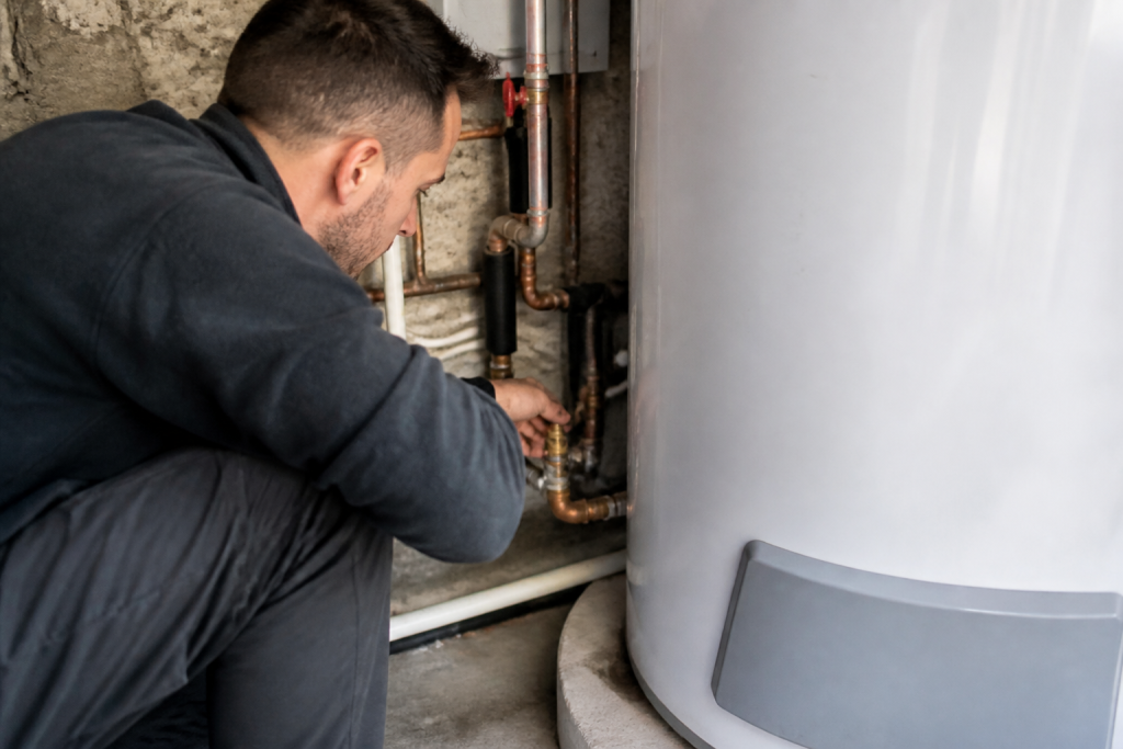 Plombier inspecte chauffe eau et tuyaux