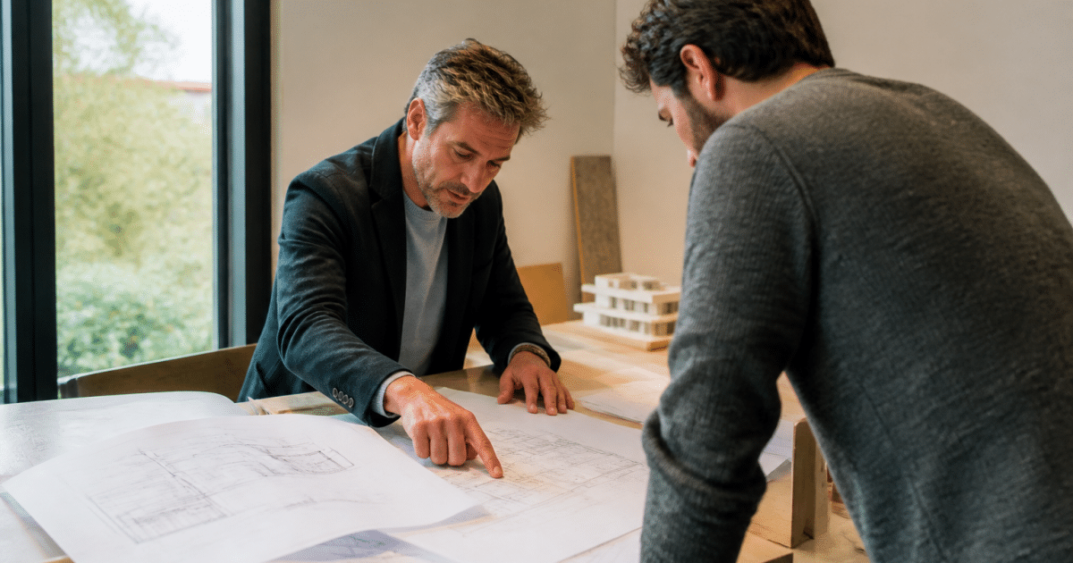 Architecte pointant devis construction sur plans maison etales