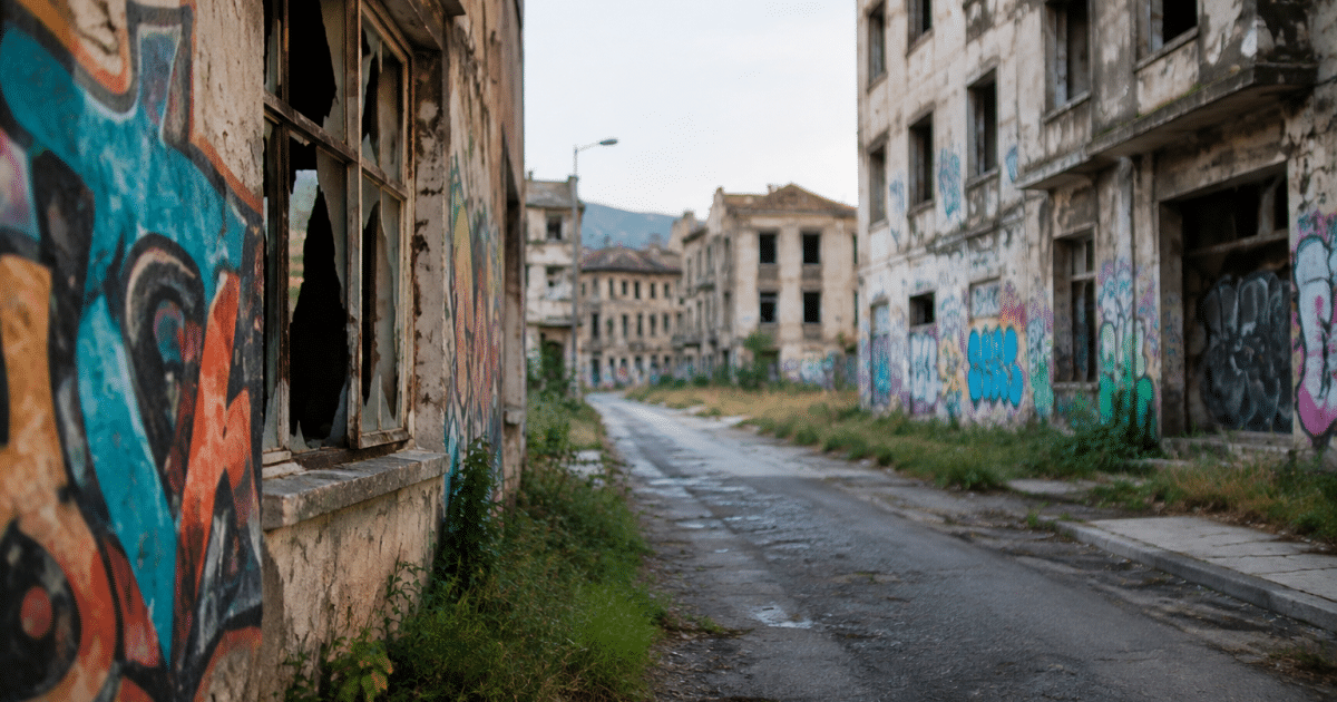 Rues delabrées avec immeubles abandonnés et graffitis visibles