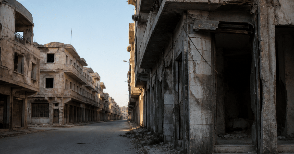 Rues desertes avec immeubles degrades et facades endommagees