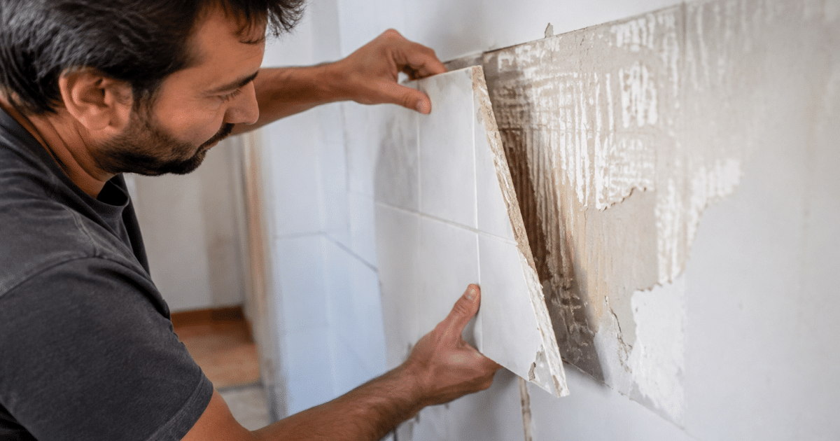 Personne soulevant carrelage detache de mur placo blanc