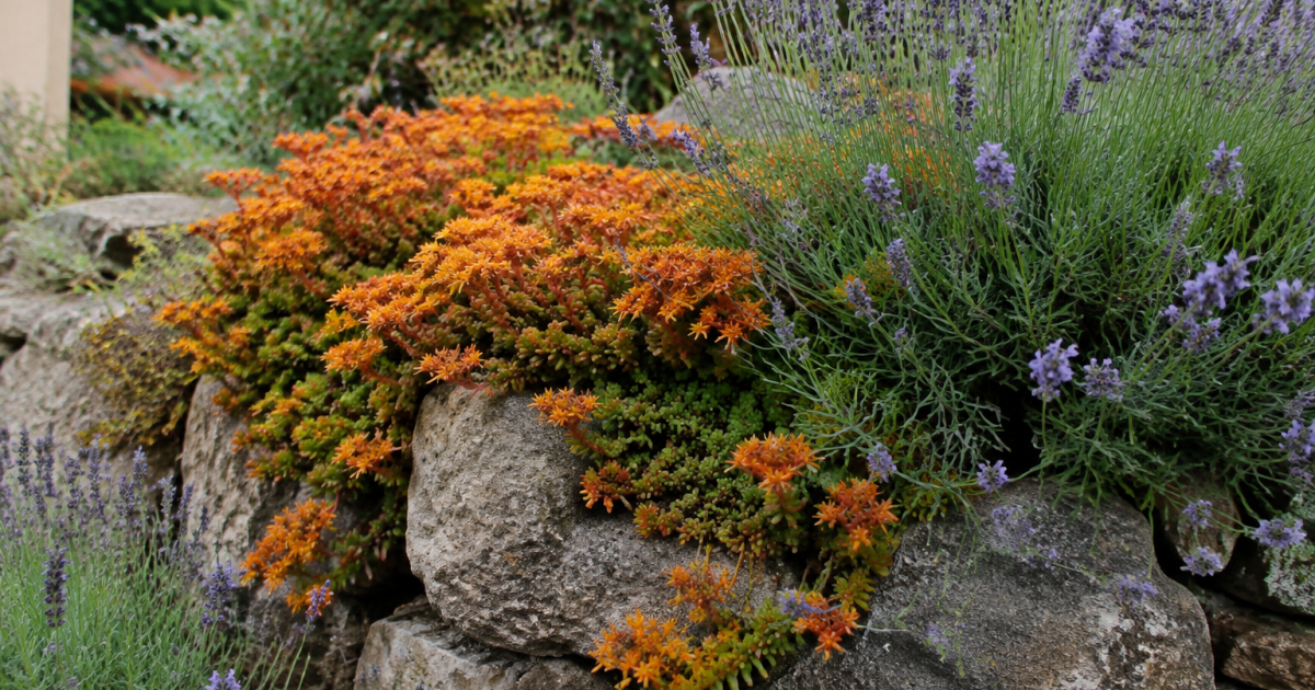 Sedum orange et lavande debordant du massif pierreux