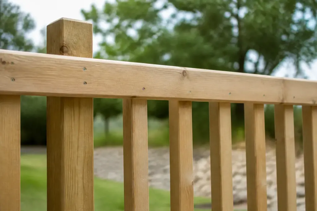 Balustrade en bois clair, barreaux verticaux et vis apparentes