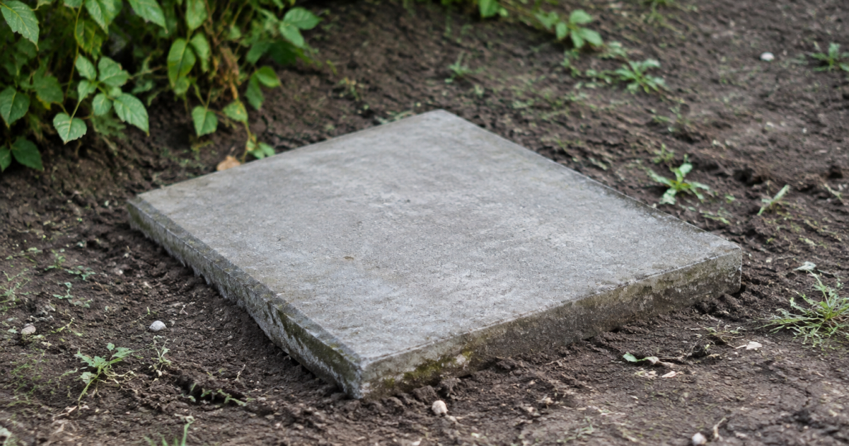 Dalle beton rectangulaire posee sur terre nue du jardin