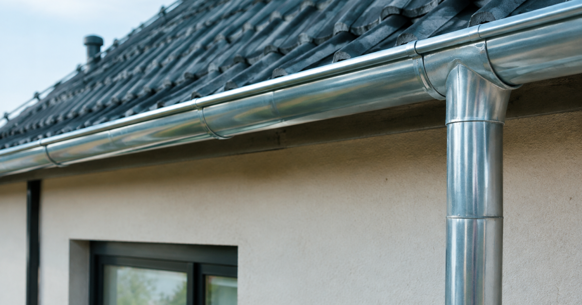Gouttiere zinc grise brillante fixee horizontalement