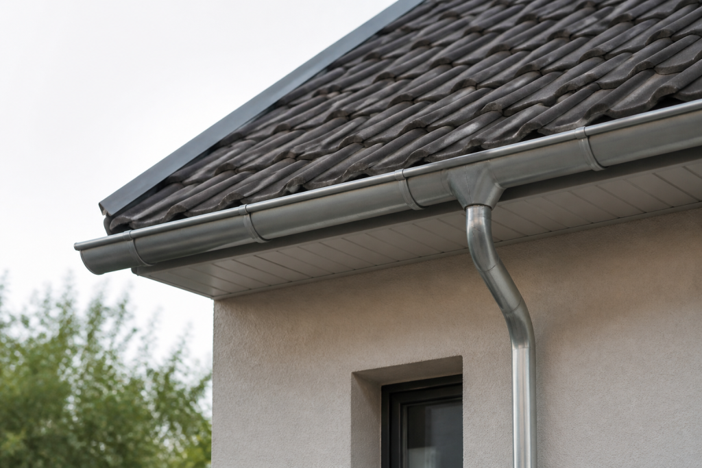 Gouttieres metalliques gris brillant fixees sous toiture residence