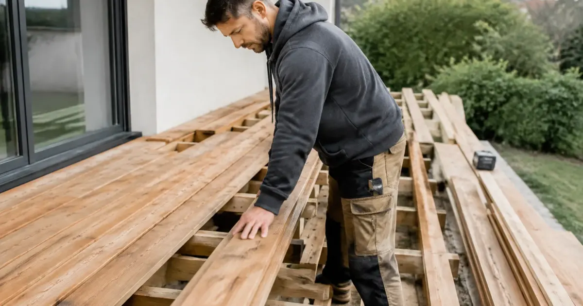 Un menuisier debout ajuste des lattes sur une terrasse