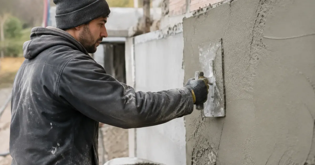 Ouvrier etalant du mortier au platoir sur un mur