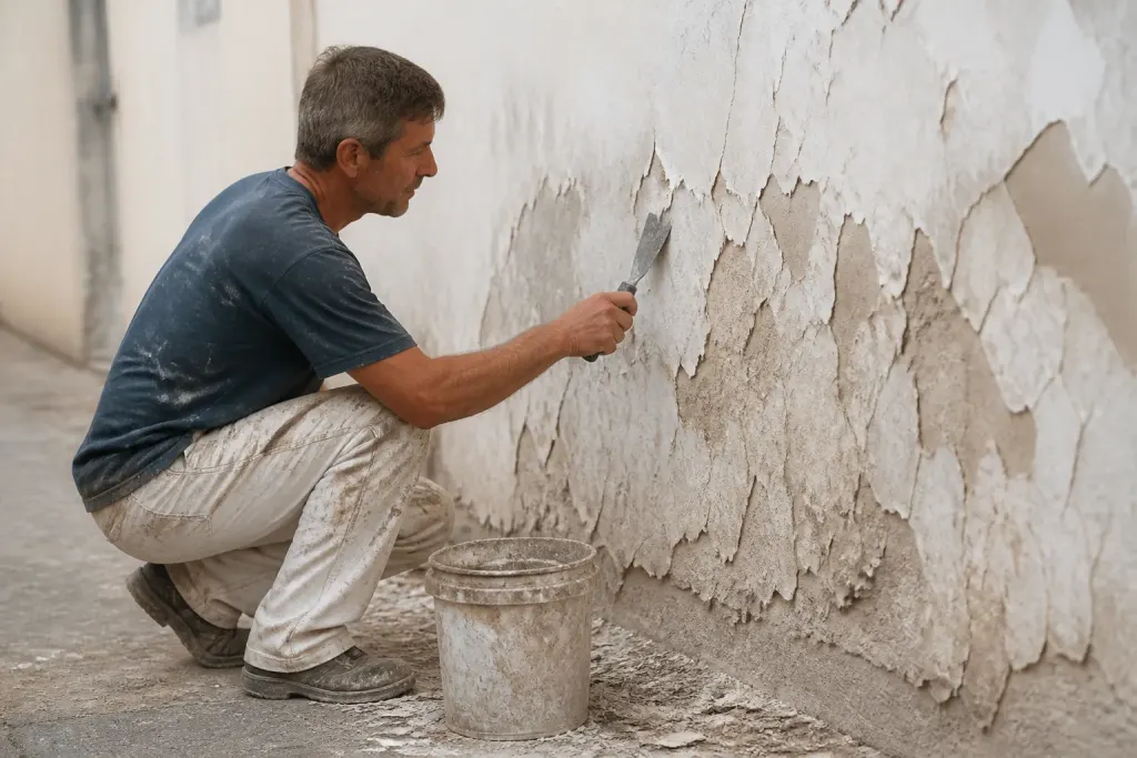 Ouvrier gratte un mur ecaille, seau au sol