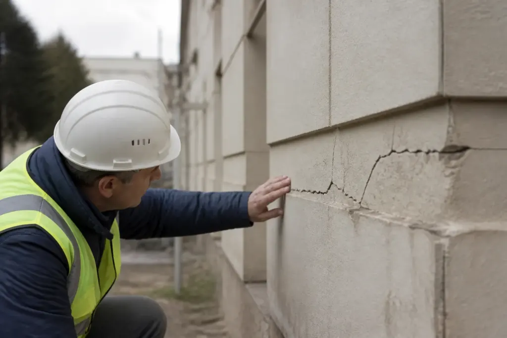 Ouvrier inspecte une plaque fissuree sur facade