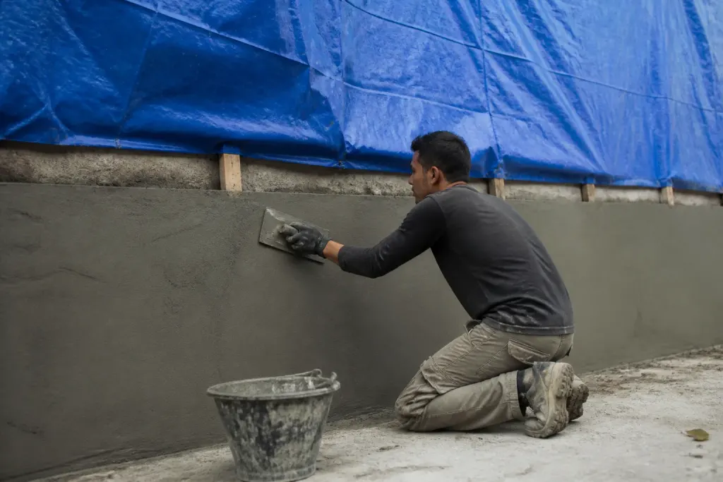 Ouvrier lissant un enduit gris sous une toile bleue