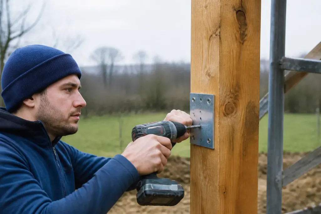 Ouvrier visse une platine metallique sur poteau bois