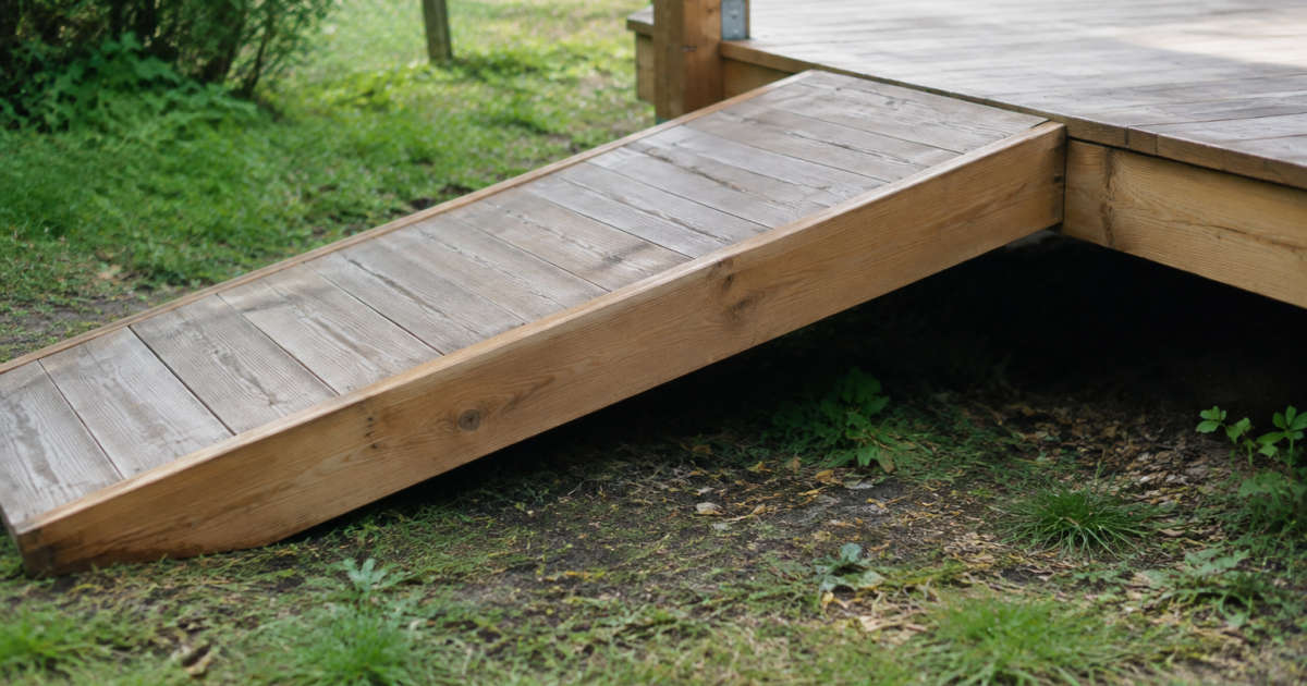 Planches pente fixees soutenues connectant sol plateforme