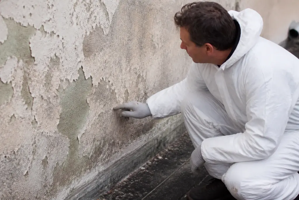 Professionnel en combinaison inspectant un mur ecaille