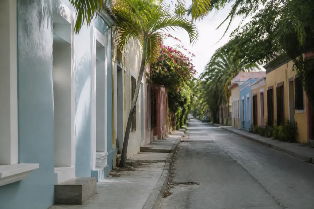 Rue calme bordee de maisons colorees et palmiers