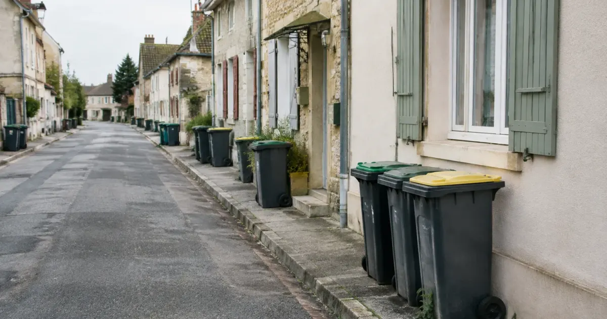Rue calme bordee de maisons avec poubelles alignees