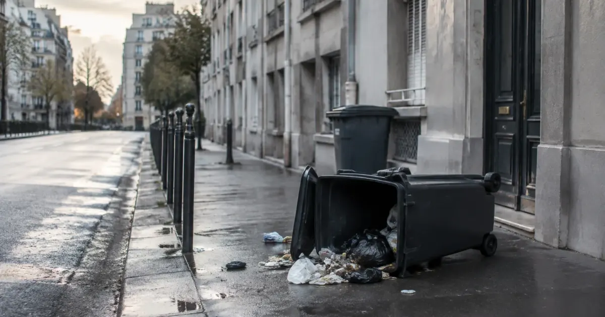 Rue deserte avec poubelles renversees devant immeubles gris