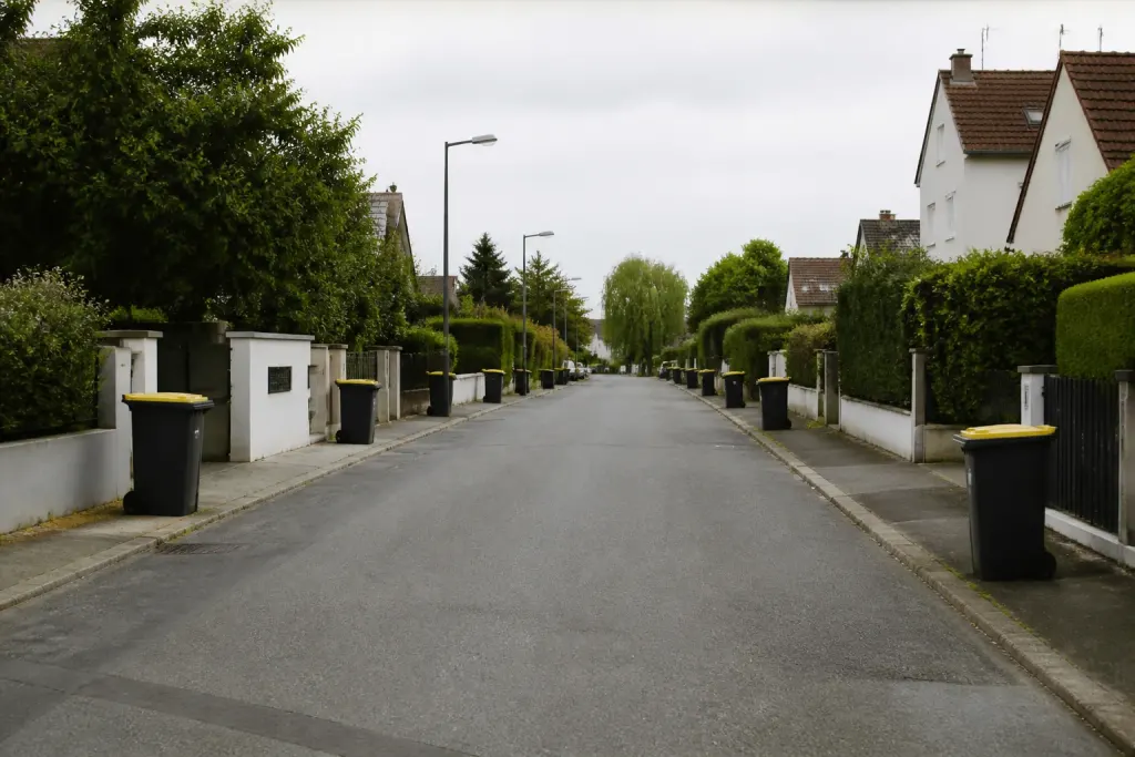 Rue residentielle calme avec pavillons et poubelles alignees