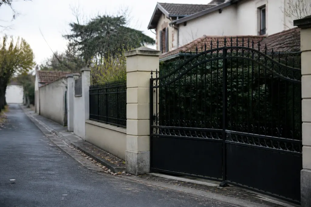 Rue residentielle avec maisons et portail en fer