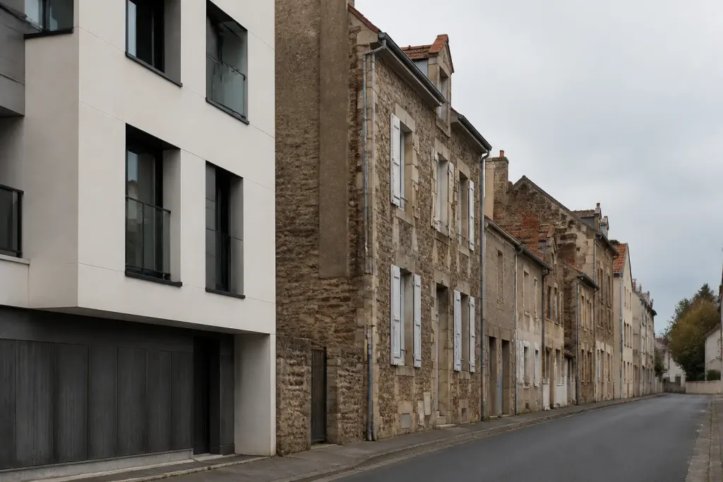 Deux rues voisines avec immeuble neuf et residence ancienne